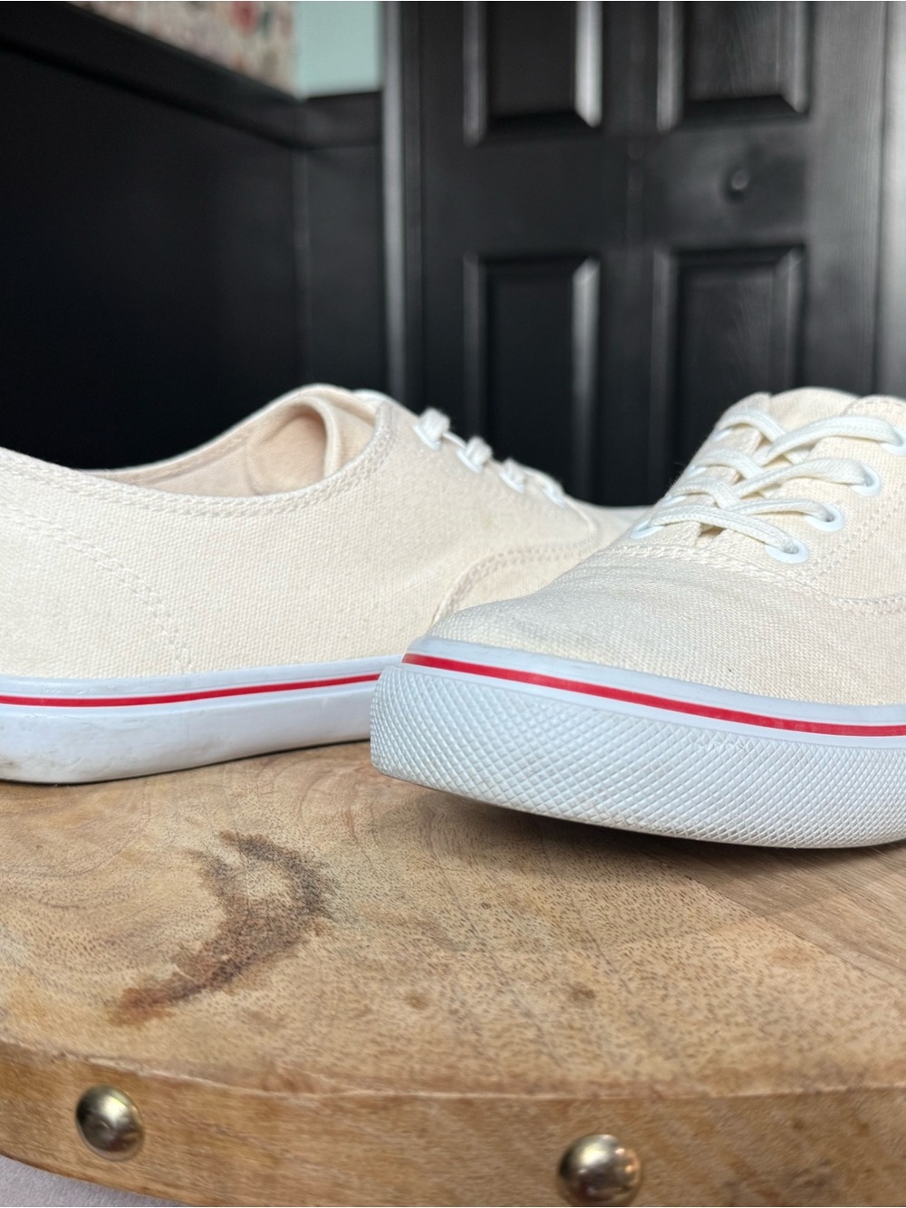 Tory Burch Cream Canvas Lace-Up Sneakers with Red Accent